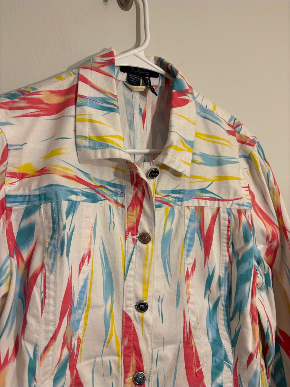FDJ Printed Jean Jacket in White with Coral Teal Accents